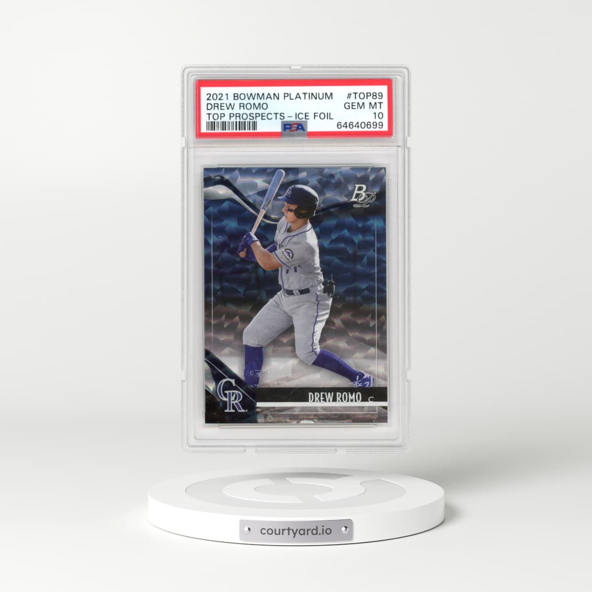 2021 Bowman Platinum Top Prospects #TOP89 Drew Romo - Ice Foil (PSA 10 GEM MINT)